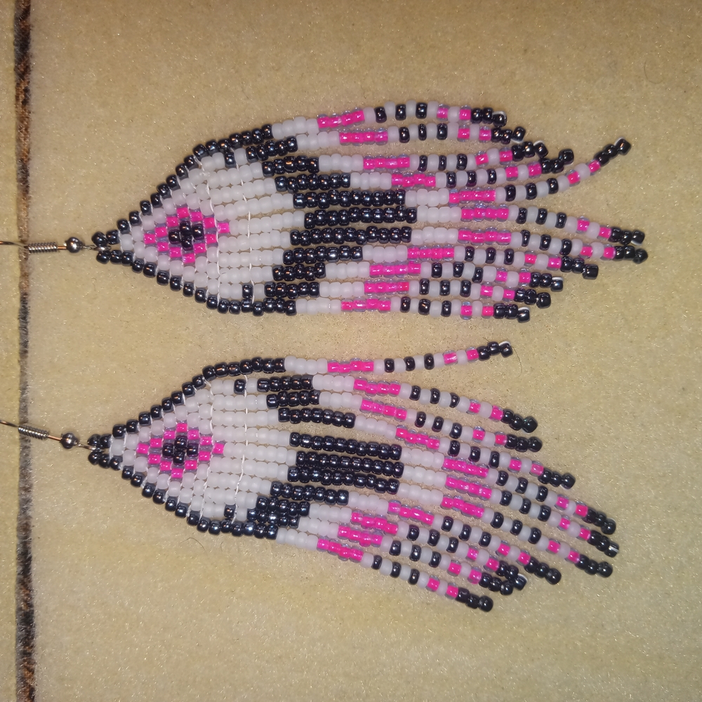 Beaded Fringe Earrings - Black, White, Pink